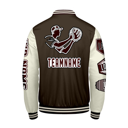 Maßgeschneiderte Braun Weiß Letterman Varsity Jacket Individuelle Stickerei  Druck nach Ihrem Wunsch