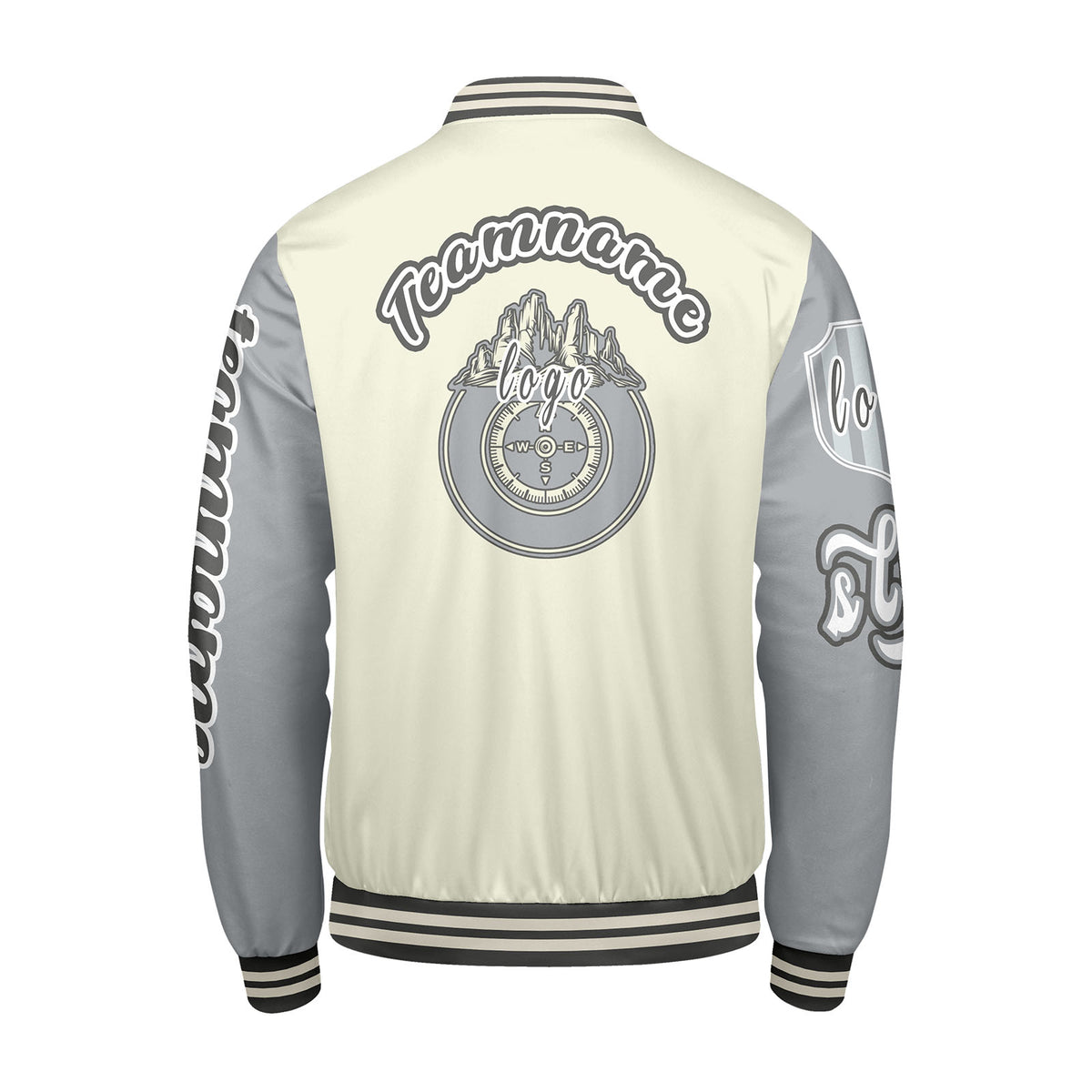 Maßgeschneiderte Weiß Grau Letterman Varsity Jacket Individuelle Stickerei  Druck nach Ihrem Wunsch