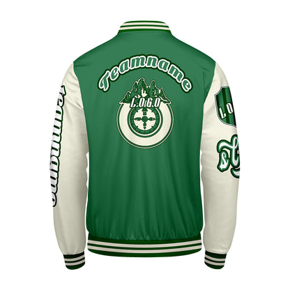 Maßgeschneiderte Grün Weiß Letterman Varsity Jacket Individuelle Stickerei  Druck nach Ihrem Wunsch
