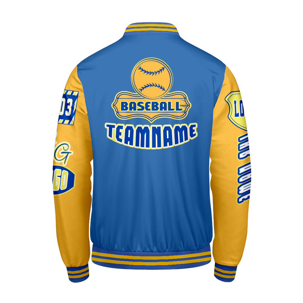 Maßgeschneiderte Blau Gelb Letterman Varsity Jacket Individuelle Stickerei  Druck nach Ihrem Wunsch