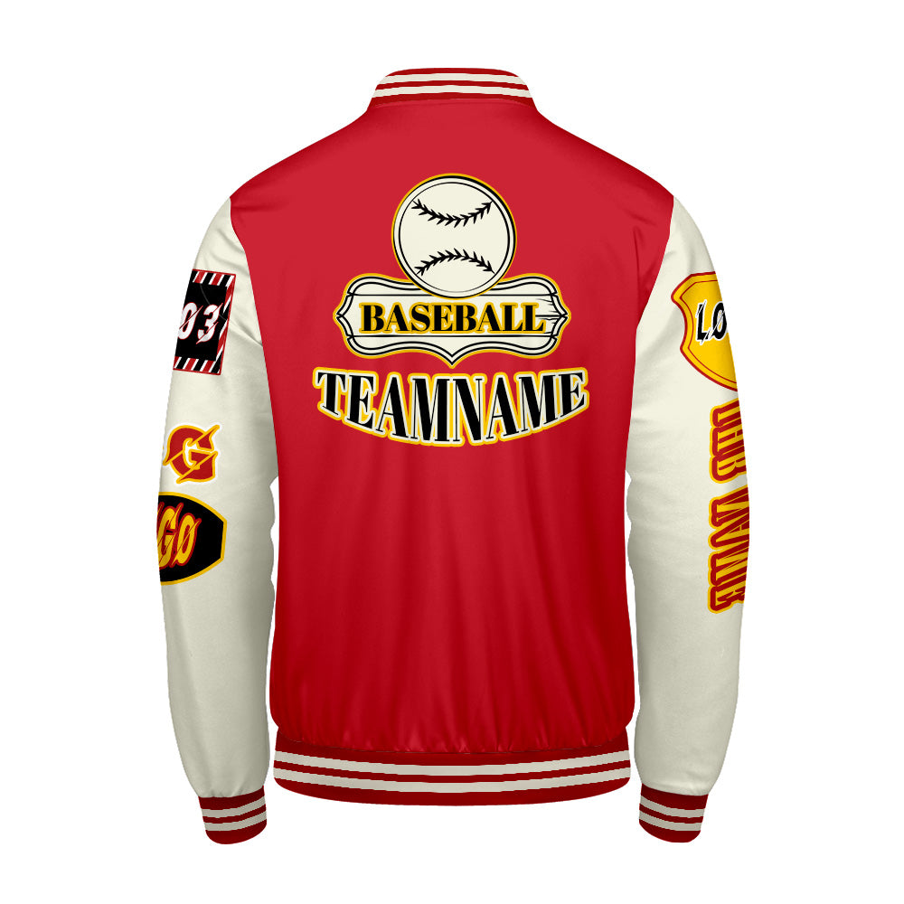 Maßgeschneiderte Rot Gelb Letterman Varsity Jacket Individuelle Stickerei  Druck nach Ihrem Wunsch