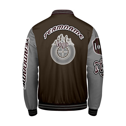 Maßgeschneiderte Braun Grau Letterman Varsity Jacket Individuelle Stickerei  Druck nach Ihrem Wunsch