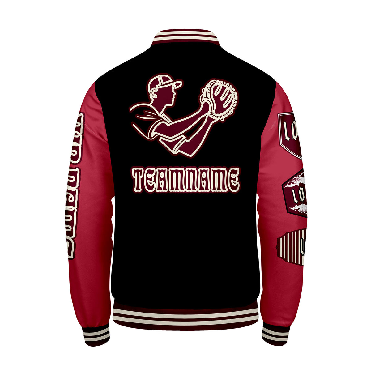Maßgeschneiderte Schwarz Rot Letterman Varsity Jacket Individuelle Stickerei  Druck nach Ihrem Wunsch