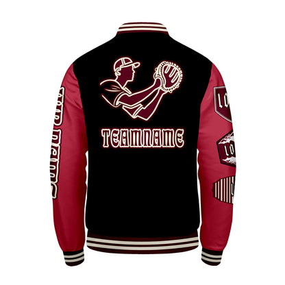 Maßgeschneiderte Schwarz Rot Letterman Varsity Jacket Individuelle Stickerei  Druck nach Ihrem Wunsch