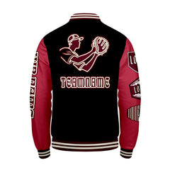 Maßgeschneiderte Schwarz Rot Letterman Varsity Jacket Individuelle Stickerei  Druck nach Ihrem Wunsch