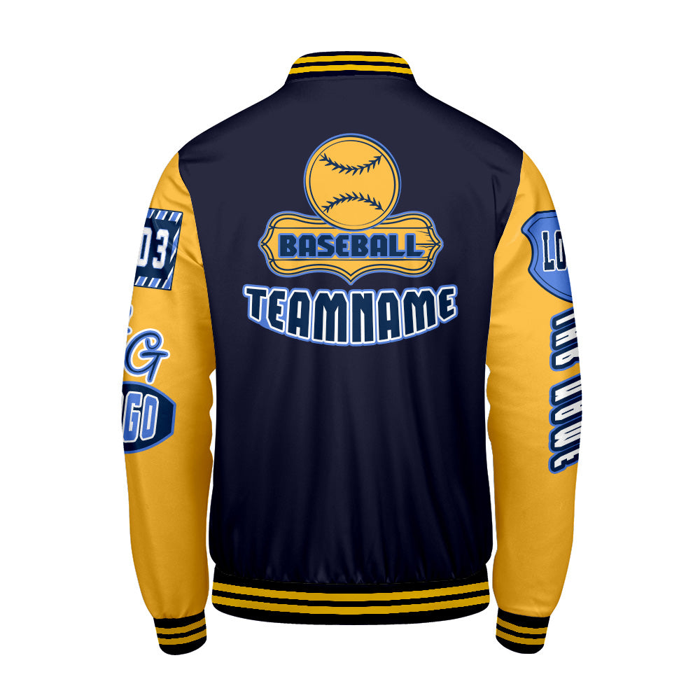 Maßgeschneiderte Marine Gelb Letterman Varsity Jacket Individuelle Stickerei  Druck nach Ihrem Wunsch