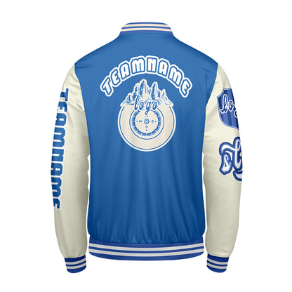 Maßgeschneiderte Blau Weiß Letterman Varsity Jacket Individuelle Stickerei  Druck nach Ihrem Wunsch