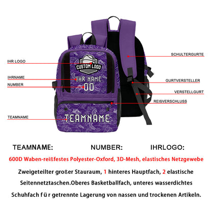 Personalisierter Basketball - und Fußballrucksack in Lila & Schwarz und Weiß mit Spielernamen & Nummern und Teamlogo #BP-0919-0030