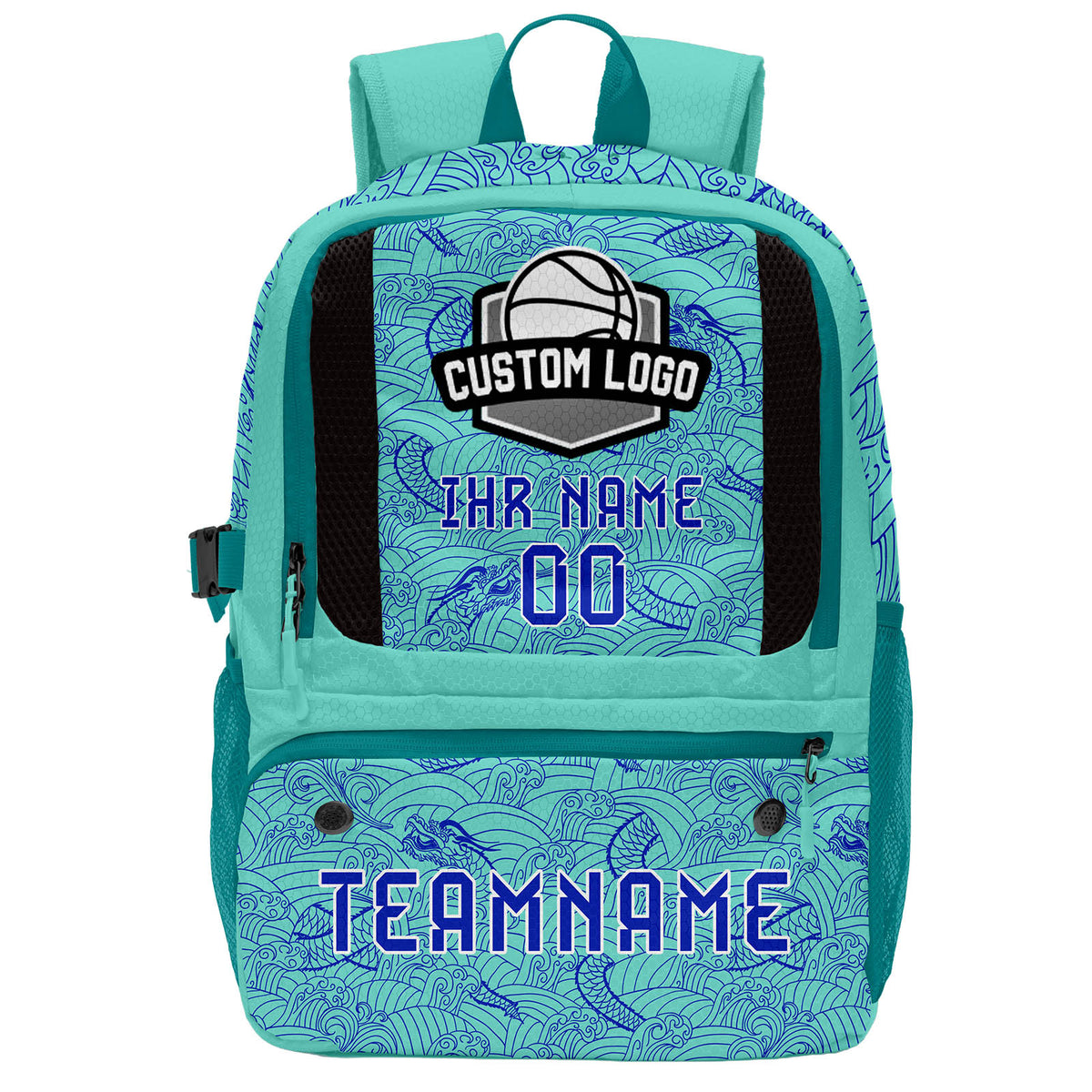 Personalisierter Basketball - und Fußballrucksack in Cyanblau mit Spielernamen & Nummern und Teamlogo #BP-0919-0012