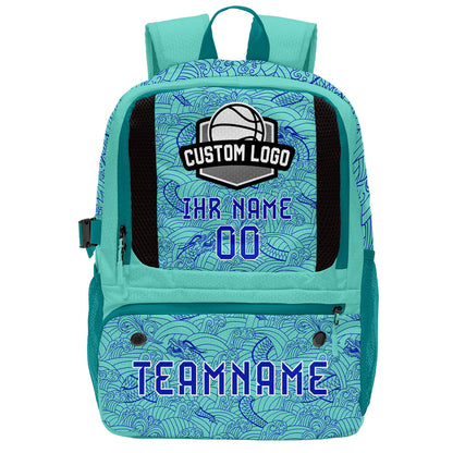 Personalisierter Basketball - und Fußballrucksack in Cyanblau mit Spielernamen & Nummern und Teamlogo #BP-0919-0012
