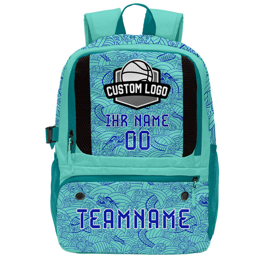 Personalisierter Basketball - und Fußballrucksack in Cyanblau mit Spielernamen & Nummern und Teamlogo #BP-0919-0012