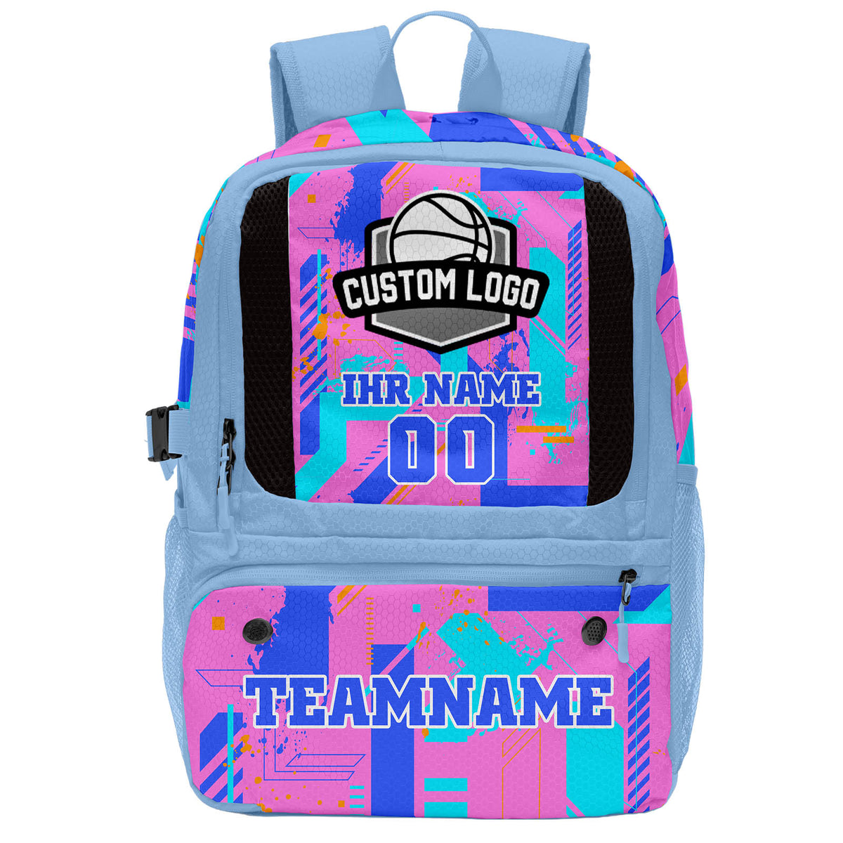 Personalisierter Basketball - und Fußballrucksack in Hellblau & Lila & Orange und Grün mit Spielernamen & Nummern und Teamlogo #BP-0919-0019