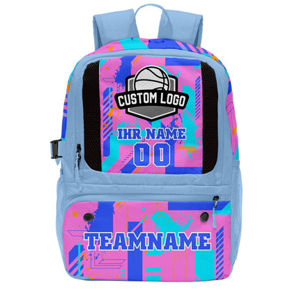 Personalisierter Basketball - und Fußballrucksack in Hellblau & Lila & Orange und Grün mit Spielernamen & Nummern und Teamlogo #BP-0919-0019