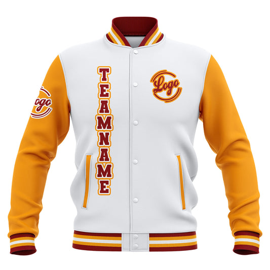 Benutzerdefiniert Weiß Gelb Rot Wasserdichte Varsity Jacken Personalisiert genäht Name Nummer Logo zu Letterman Jacken