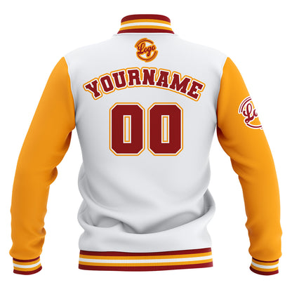 Benutzerdefiniert Weiß Gelb Rot Wasserdichte Varsity Jacken Personalisiert genäht Name Nummer Logo zu Letterman Jacken