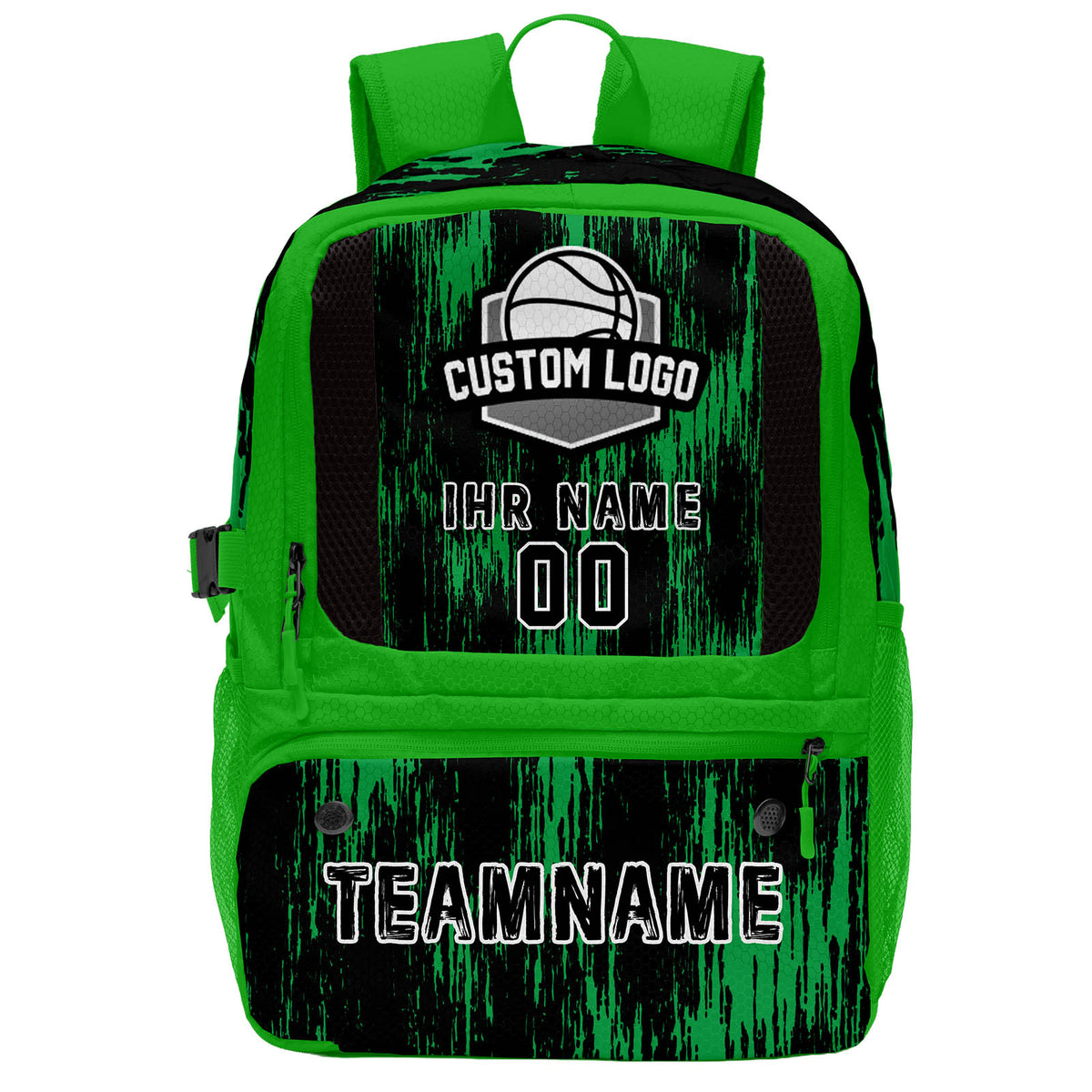 Personalisierter grüner und schwarzer Basketball - Fußballrucksack mit Spielernamen & Nummern und Teamlogo #BP-0919-0016