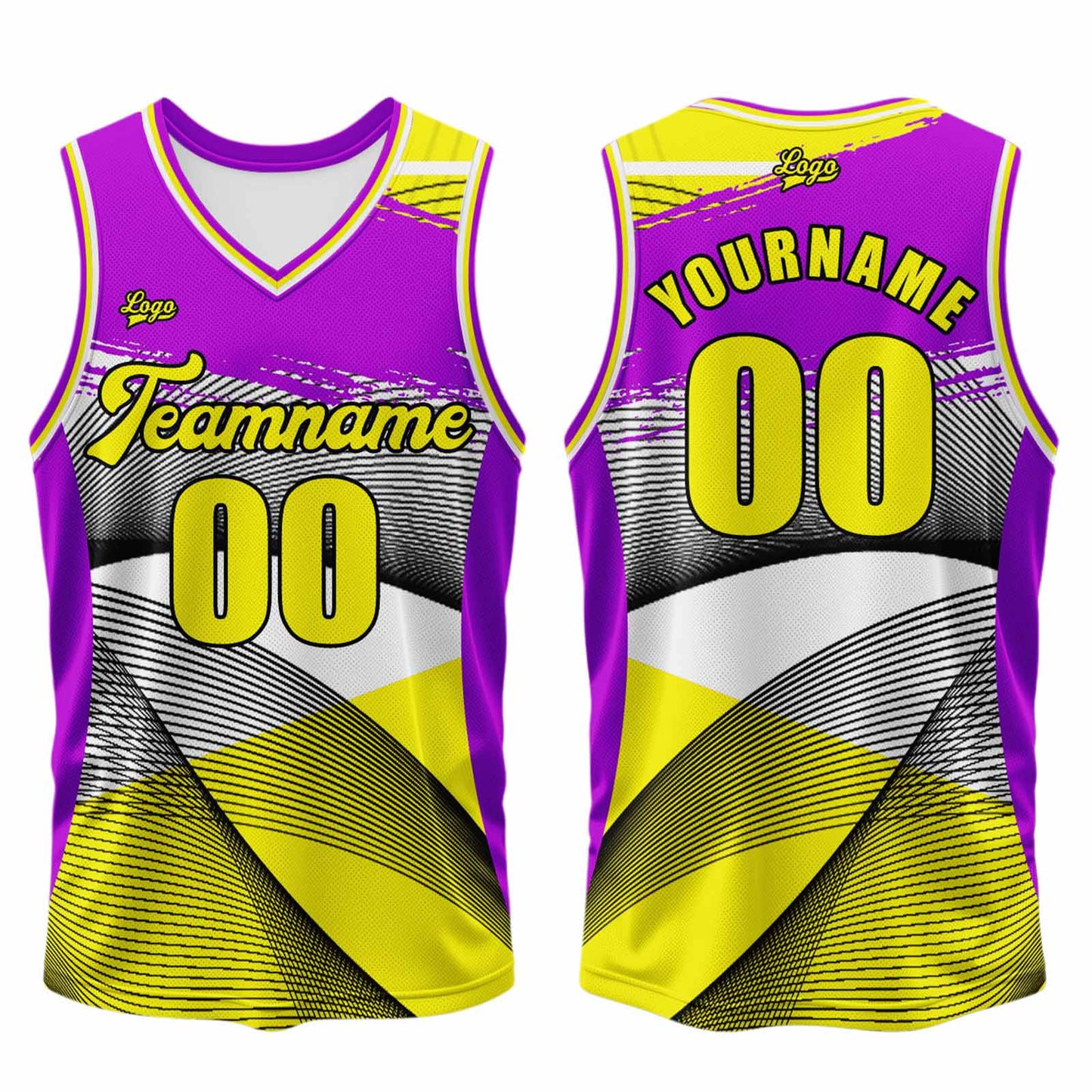 Benutzerdefinierter Lila Gelb Basketball Jersey Uniform Anzug gedruckt Ihr Logo Name Nummer