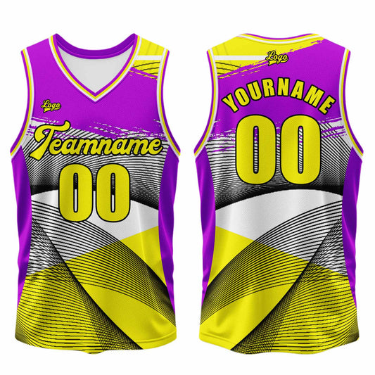 Benutzerdefinierter Lila Gelb Basketball Jersey Uniform Anzug gedruckt Ihr Logo Name Nummer
