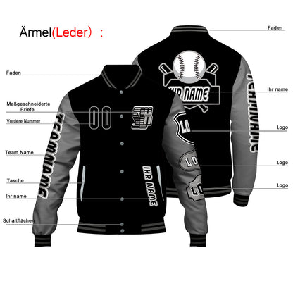 Maßgeschneiderte Schwarz Grau Letterman Varsity Jacket Individuelle Stickerei  Druck nach Ihrem Wunsch