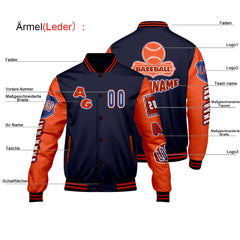 Maßgeschneiderte Marine Orange Letterman Varsity Jacket Individuelle Stickerei  Druck nach Ihrem Wunsch