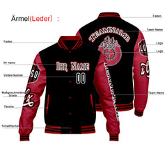Maßgeschneiderte Schwarz Rot Letterman Varsity Jacket Individuelle Stickerei  Druck nach Ihrem Wunsch