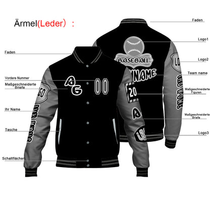 Maßgeschneiderte Schwarz Grau Letterman Varsity Jacket Individuelle Stickerei  Druck nach Ihrem Wunsch