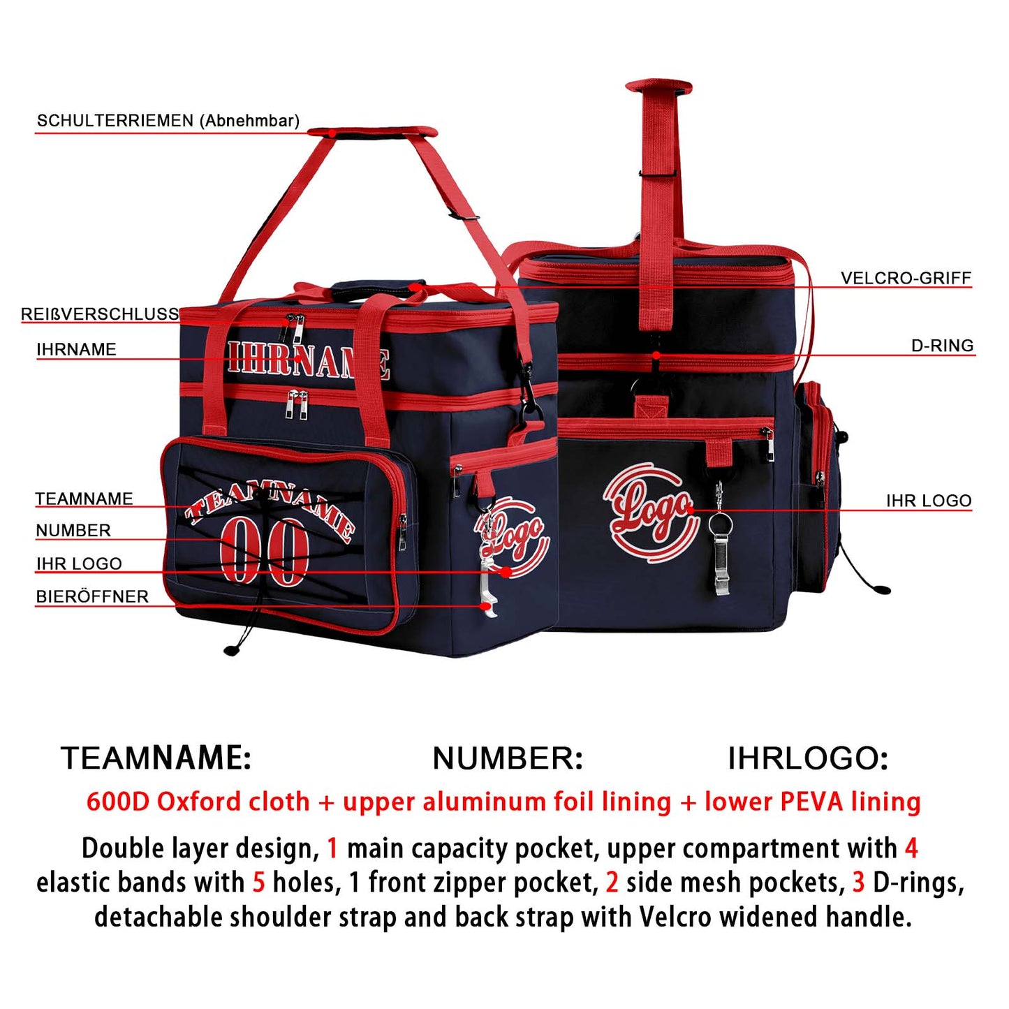 Maßgeschickerte Blau Rot vollflächig bedruckte isolierte Kühltasche mit Doppelwand Wasserdichte 600D Oxford Picknick-Tragetasche für Teamevents & Outdoor-Grillen