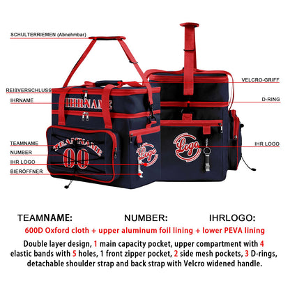 Maßgeschickerte Blau Rot vollflächig bedruckte isolierte Kühltasche mit Doppelwand Wasserdichte 600D Oxford Picknick-Tragetasche für Teamevents & Outdoor-Grillen