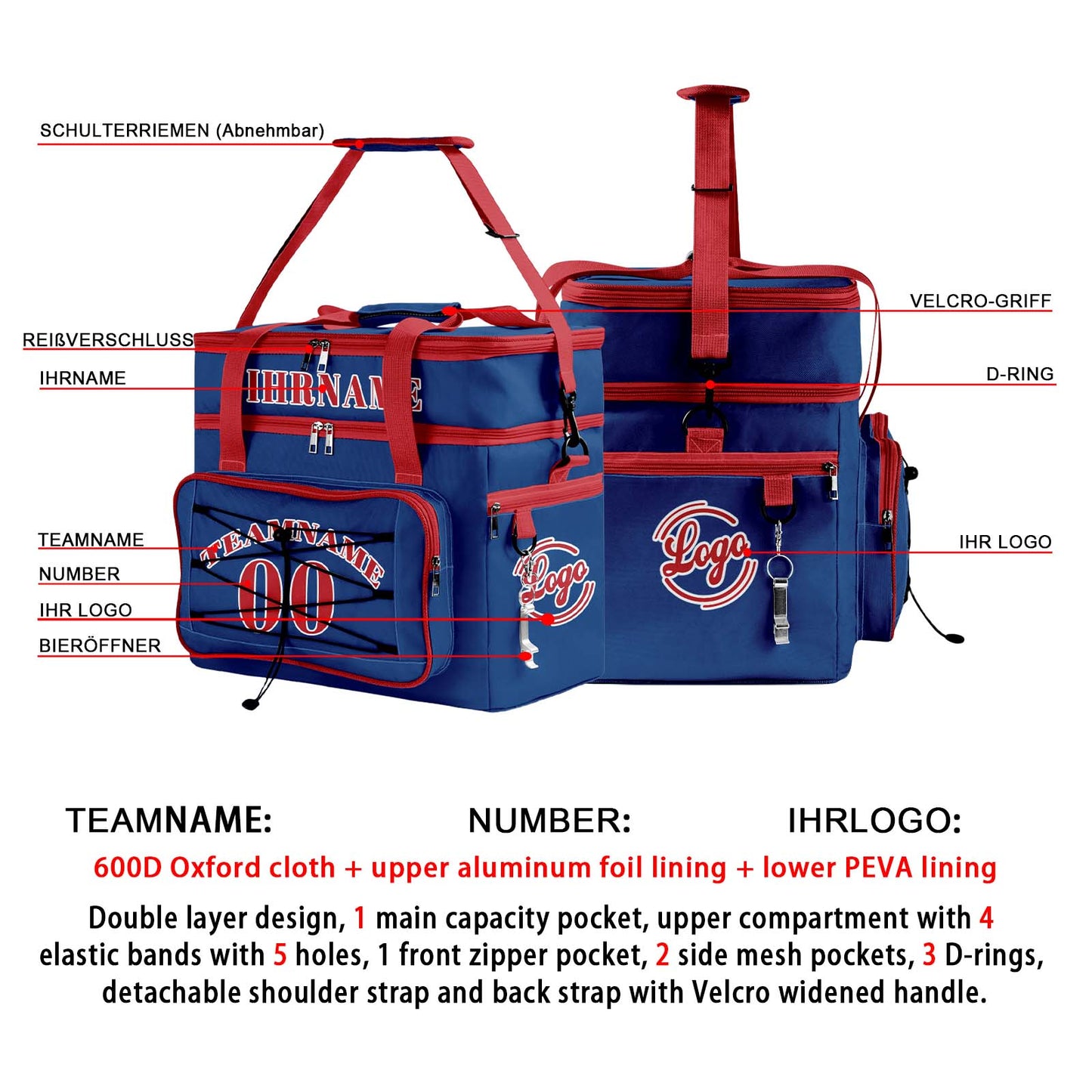 Maßgeschickerte Blau Rot vollflächig bedruckte isolierte Kühltasche mit Doppelwand Wasserdichte 600D Oxford Picknick-Tragetasche für Teamevents & Outdoor-Grillen
