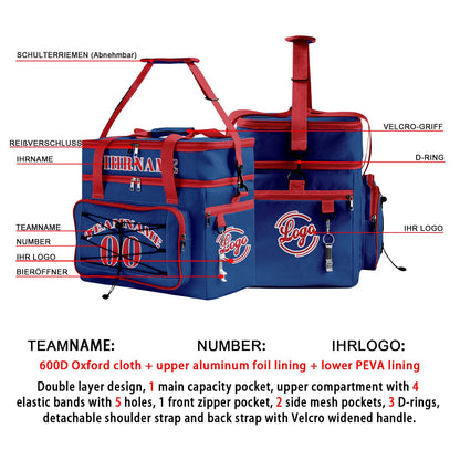 Maßgeschickerte Blau Rot vollflächig bedruckte isolierte Kühltasche mit Doppelwand Wasserdichte 600D Oxford Picknick-Tragetasche für Teamevents & Outdoor-Grillen