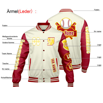 Maßgeschneiderte Weiß Rot Letterman Varsity Jacket Individuelle Stickerei  Druck nach Ihrem Wunsch