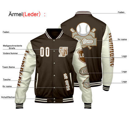 Maßgeschneiderte Braun Weiß Letterman Varsity Jacket Individuelle Stickerei  Druck nach Ihrem Wunsch