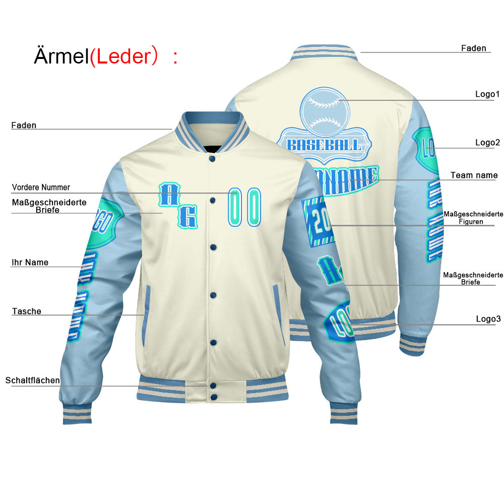 Maßgeschneiderte Blau Grün Letterman Varsity Jacket Individuelle Stickerei  Druck nach Ihrem Wunsch