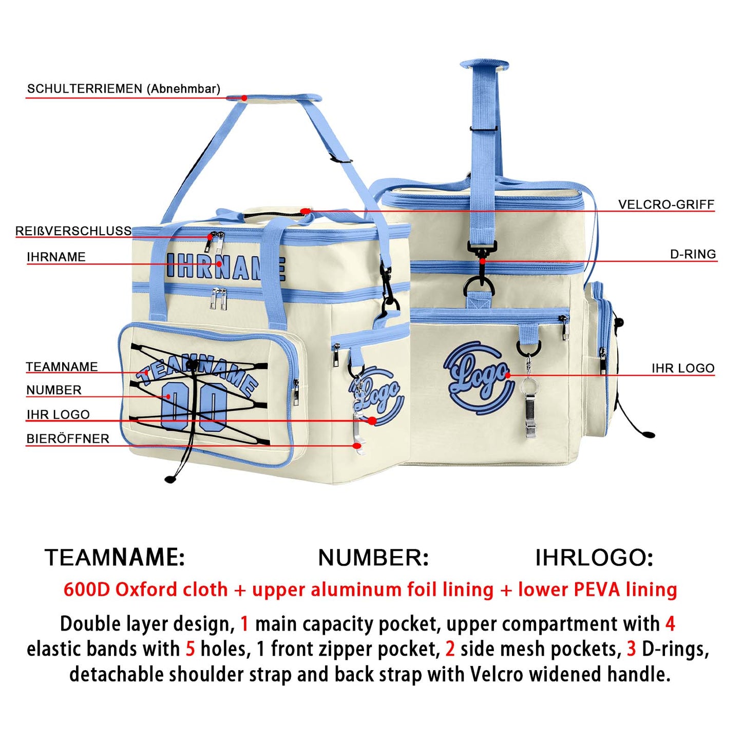 Maßgeschickerte Cremablau vollflächig bedruckte isolierte Kühltasche mit Doppelwand Wasserdichte 600D Oxford Picknick-Tragetasche für Teamevents & Outdoor-Grillen