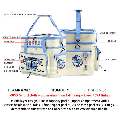 Maßgeschickerte Cremablau vollflächig bedruckte isolierte Kühltasche mit Doppelwand Wasserdichte 600D Oxford Picknick-Tragetasche für Teamevents & Outdoor-Grillen