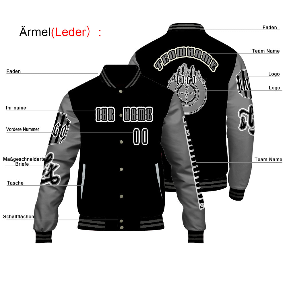 Maßgeschneiderte Schwarz Grau Letterman Varsity Jacket Individuelle Stickerei  Druck nach Ihrem Wunsch