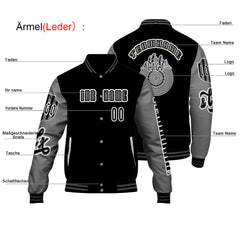 Maßgeschneiderte Schwarz Grau Letterman Varsity Jacket Individuelle Stickerei  Druck nach Ihrem Wunsch