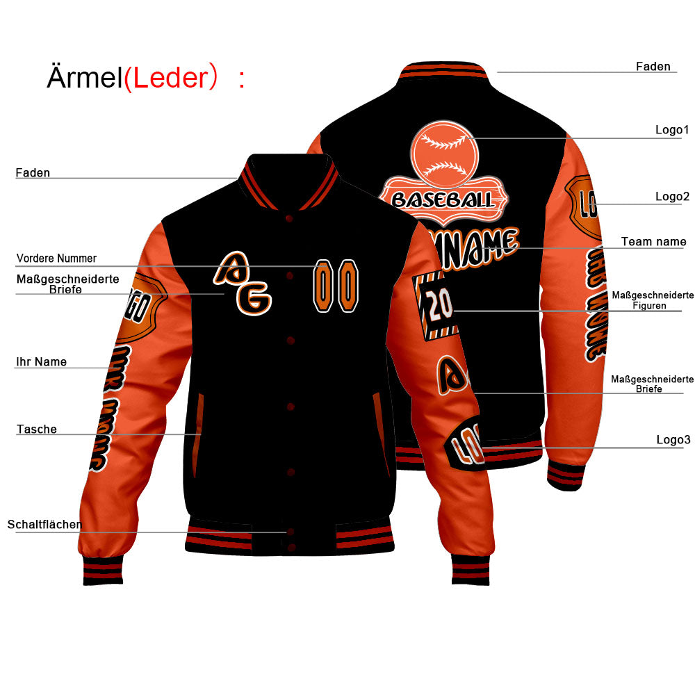 Maßgeschneiderte Schwarz Orange Letterman Varsity Jacket Individuelle Stickerei  Druck nach Ihrem Wunsch