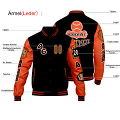 Maßgeschneiderte Schwarz Orange Letterman Varsity Jacket Individuelle Stickerei  Druck nach Ihrem Wunsch