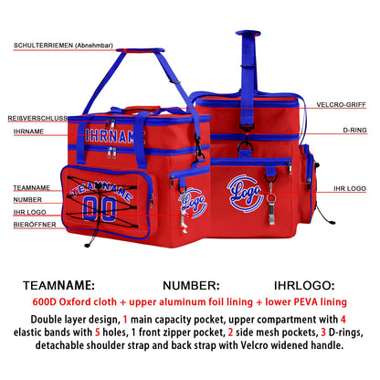 Maßgeschickerte Rot Blau vollflächig bedruckte isolierte Kühltasche mit Doppelwand Wasserdichte 600D Oxford Picknick-Tragetasche für Teamevents & Outdoor-Grillen