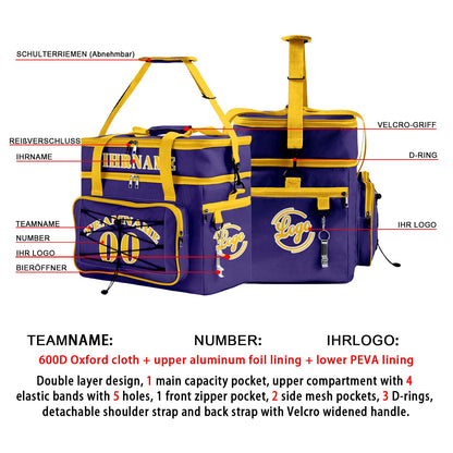 Maßgeschickerte Lila Gelb vollflächig bedruckte isolierte Kühltasche mit Doppelwand Wasserdichte 600D Oxford Picknick-Tragetasche für Teamevents & Outdoor-Grillen