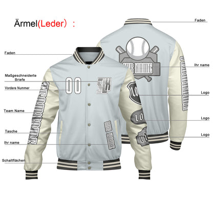 Maßgeschneiderte Grau Weiß Letterman Varsity Jacket Individuelle Stickerei  Druck nach Ihrem Wunsch