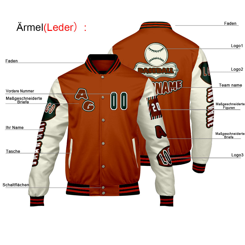 Maßgeschneiderte Orange Grün Letterman Varsity Jacket Individuelle Stickerei  Druck nach Ihrem Wunsch