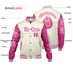 Maßgeschneiderte Weiß Rosa Letterman Varsity Jacket Individuelle Stickerei  Druck nach Ihrem Wunsch