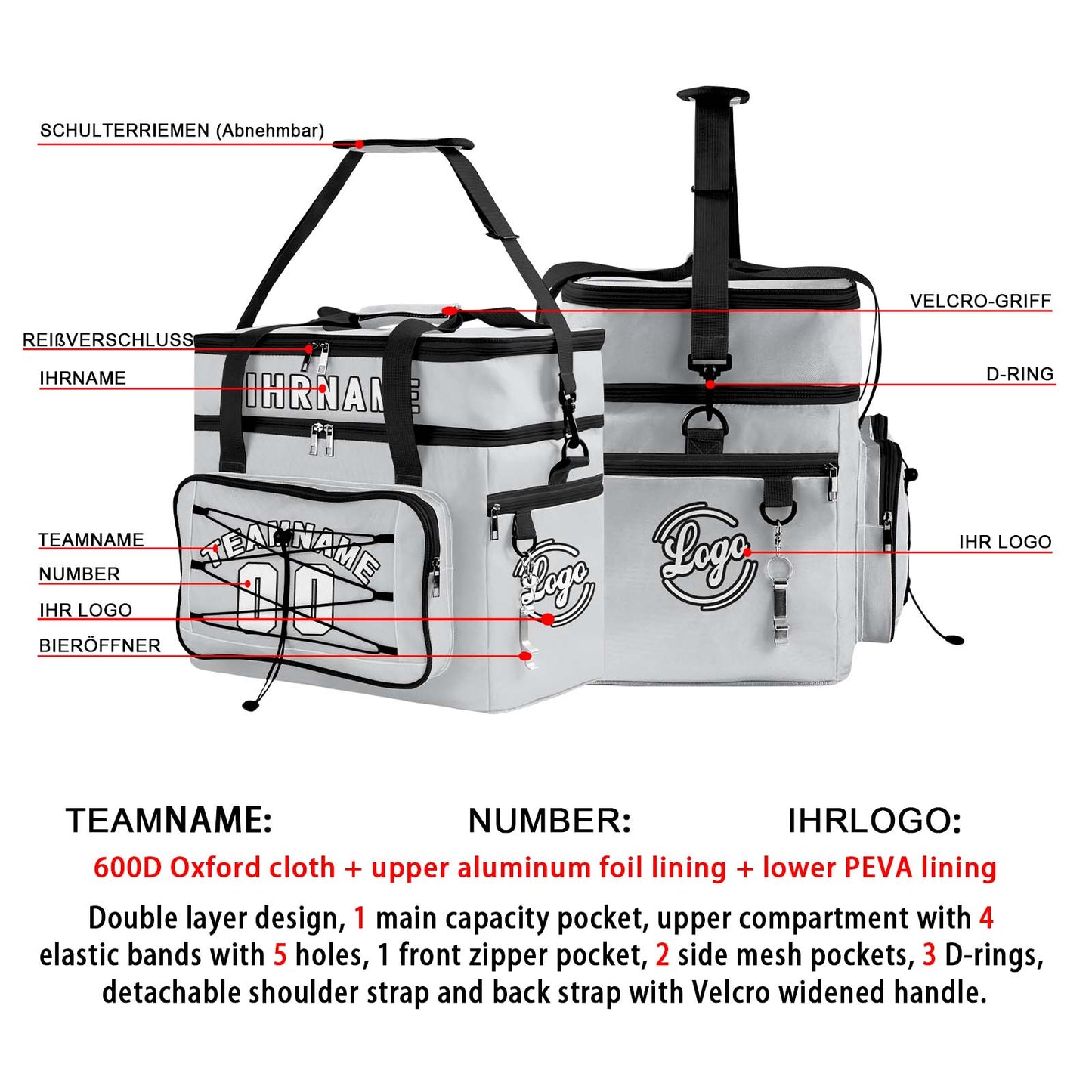 Maßgeschickerte Grau Schwarz vollflächig bedruckte isolierte Kühltasche mit Doppelwand Wasserdichte 600D Oxford Picknick-Tragetasche für Teamevents & Outdoor-Grillen