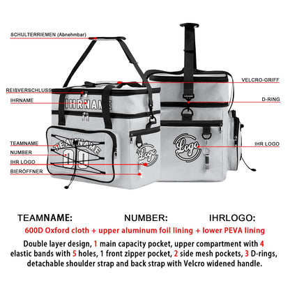 Maßgeschickerte Grau Schwarz vollflächig bedruckte isolierte Kühltasche mit Doppelwand Wasserdichte 600D Oxford Picknick-Tragetasche für Teamevents & Outdoor-Grillen