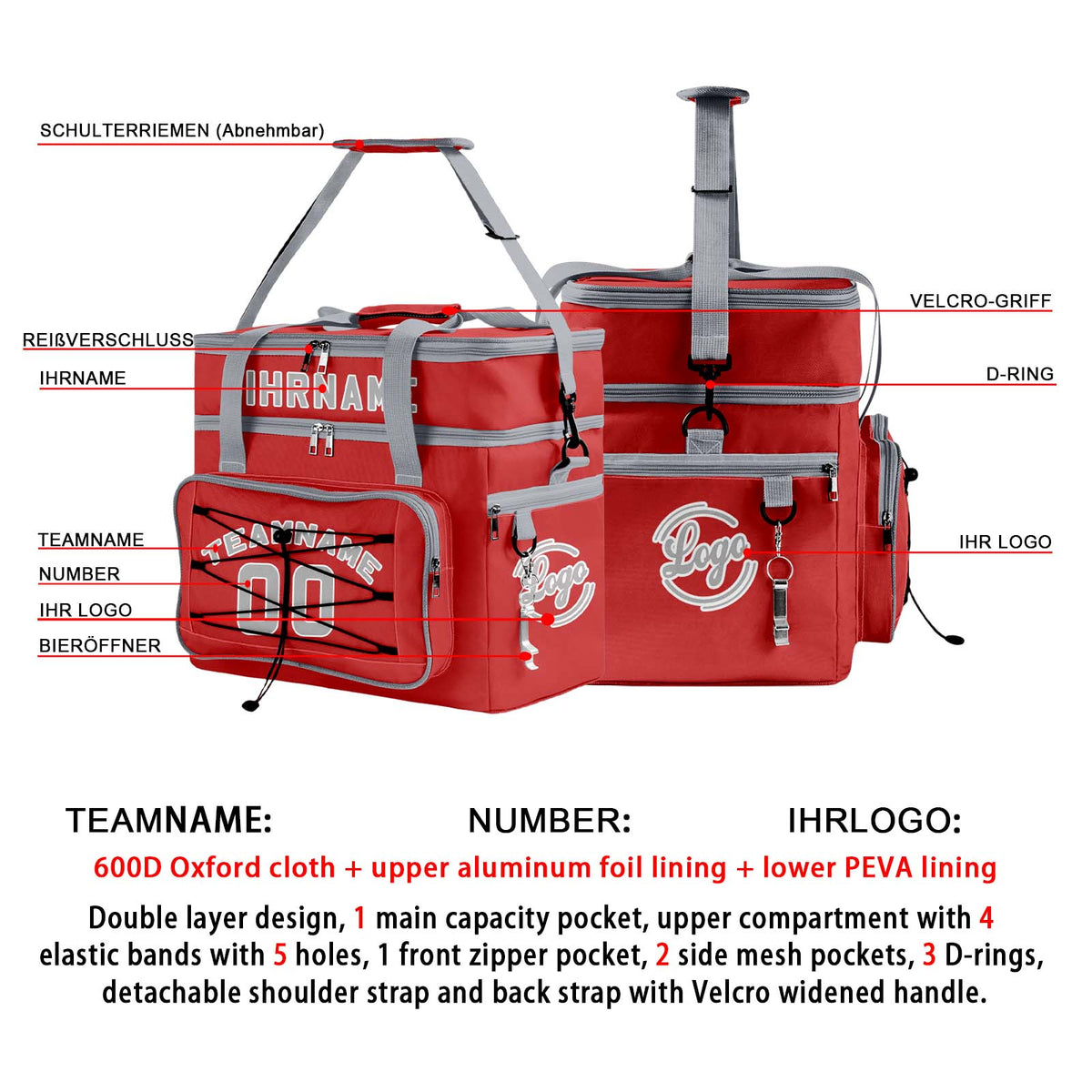 Maßgeschickerte Rot Grau vollflächig bedruckte isolierte Kühltasche mit Doppelwand Wasserdichte 600D Oxford Picknick-Tragetasche für Teamevents & Outdoor-Grillen