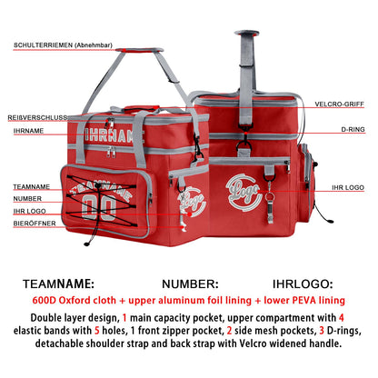 Maßgeschickerte Rot Grau vollflächig bedruckte isolierte Kühltasche mit Doppelwand Wasserdichte 600D Oxford Picknick-Tragetasche für Teamevents & Outdoor-Grillen