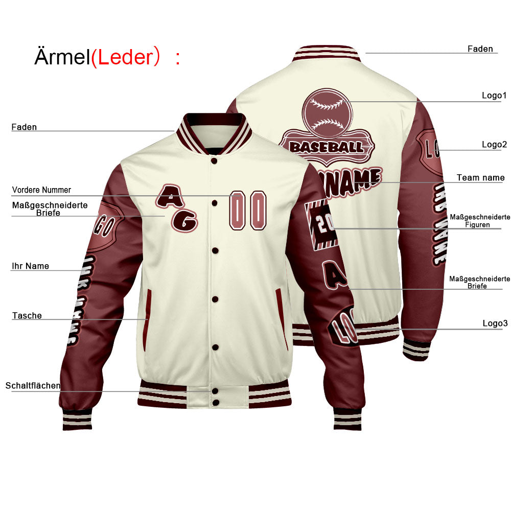Maßgeschneiderte Weiß Rot Letterman Varsity Jacket Individuelle Stickerei  Druck nach Ihrem Wunsch