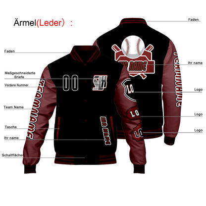 Maßgeschneiderte Schwarz Rot Letterman Varsity Jacket Individuelle Stickerei  Druck nach Ihrem Wunsch